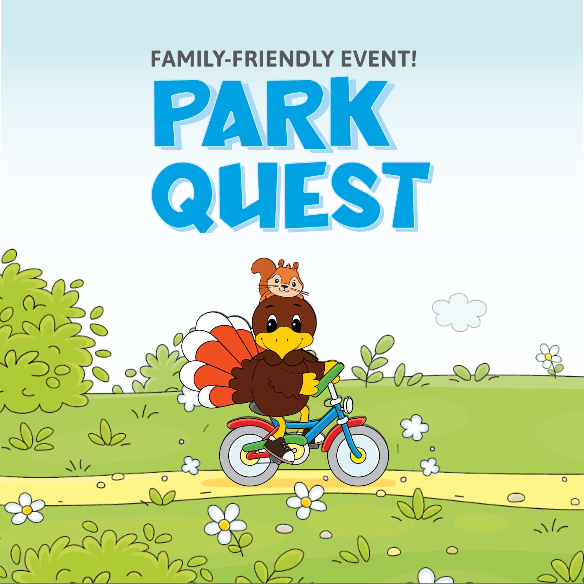 Sammy the Squirrel and Gobbles the Turkey riding a bike through a meadow.