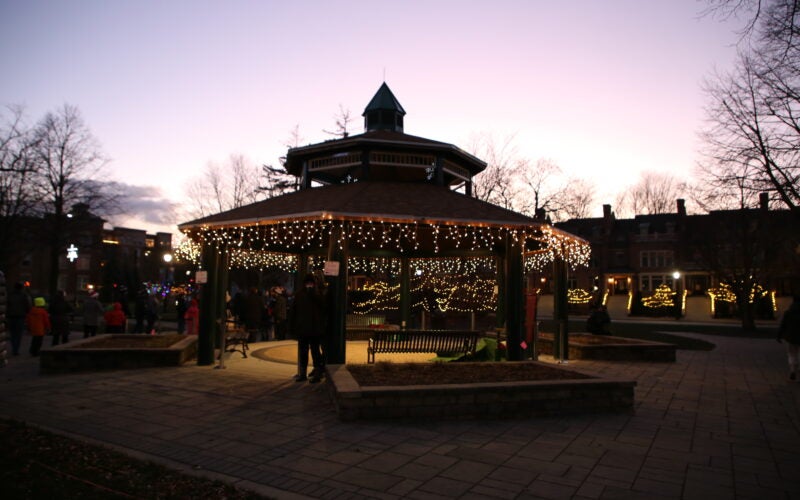 Towne Square Gazebo at night with holiday lights